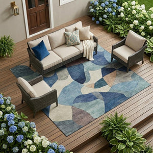 8 X 10 Abstract Blue Polyester Area Rug Washable Stain Resistant Indoor Outdoor