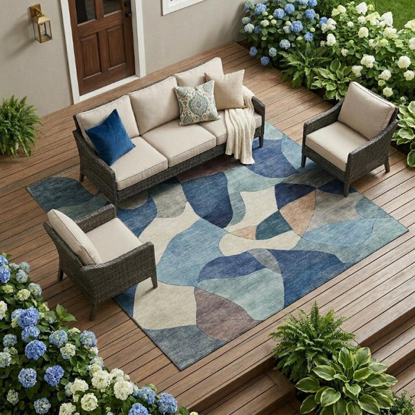 8 X 10 Abstract Blue Polyester Area Rug Washable Stain Resistant Indoor Outdoor