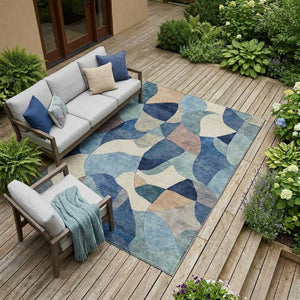 10 X 14 Blue Abstract Polyester Area Rug Washable Stain Resistant Indoor Outdoor