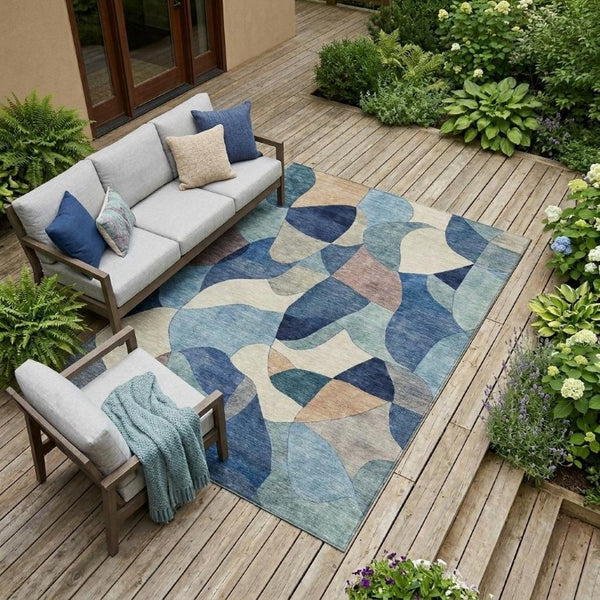 10 X 14 Blue Abstract Polyester Area Rug Washable Stain Resistant Indoor Outdoor
