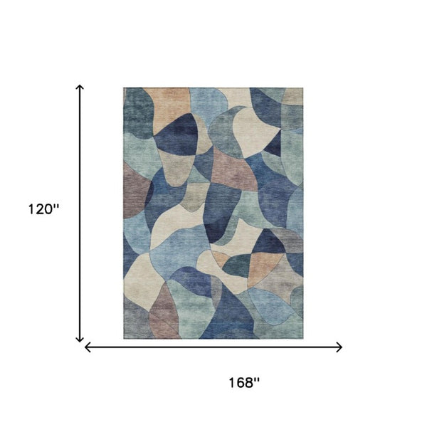 10 X 14 Blue Abstract Polyester Area Rug Washable Stain Resistant Indoor Outdoor