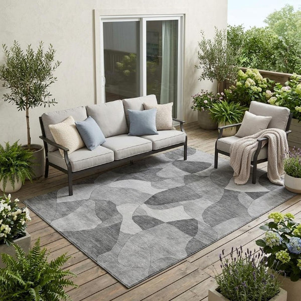 5 X 8 Abstract Gray Silver Polyester Area Rug Washable for Indoor Outdoor Use
