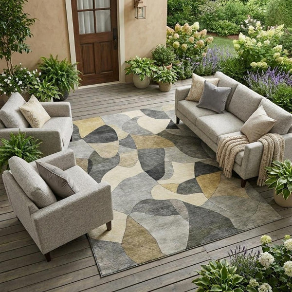 10 X 14 Abstract Pewter Gray Polyester Washable Rug for Patio Porch or Living Room