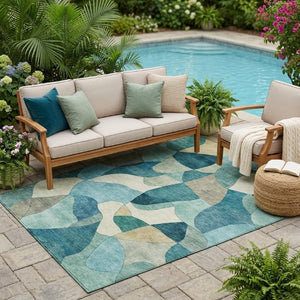 5x8 Abstract Teal Beige Polyester Area Rug Washable Stain Resistant Indoor Outdoor