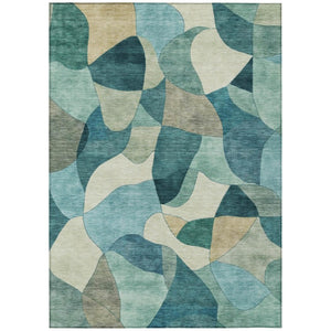 HomeRoots 5x8 Abstract Teal Beige Polyester Area Rug Washable Stain Resistant Indoor Outdoor 742650