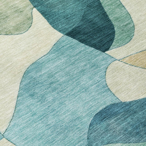 5x8 Abstract Teal Beige Polyester Area Rug Washable Stain Resistant Indoor Outdoor