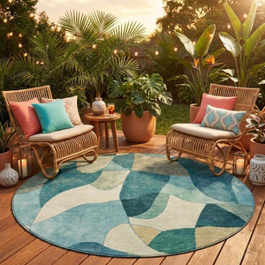 8 Ft Round Abstract Polyester Area Rug Washable Teal Beige Patio or Family Room