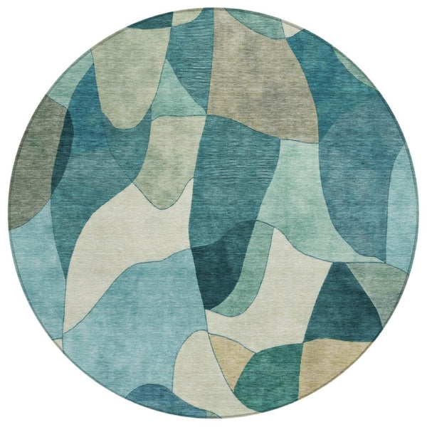 HomeRoots 8 Ft Round Abstract Polyester Area Rug Washable Teal Beige Patio or Family Room 742651