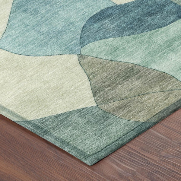 8 Ft Round Abstract Polyester Area Rug Washable Teal Beige Patio or Family Room