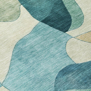 8 Ft Round Abstract Polyester Area Rug Washable Teal Beige Patio or Family Room