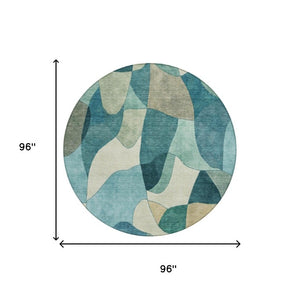 8 Ft Round Abstract Polyester Area Rug Washable Teal Beige Patio or Family Room