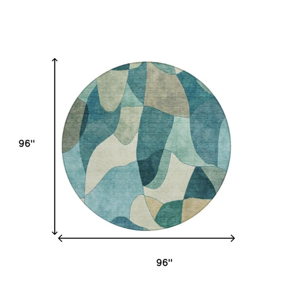 8 Ft Round Abstract Polyester Area Rug Washable Teal Beige Patio or Family Room