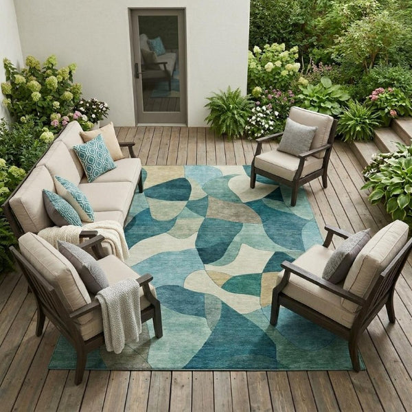 8 X 10 Teal Beige Abstract Polyester Area Rug Stain Resistant for Patio or Living Room