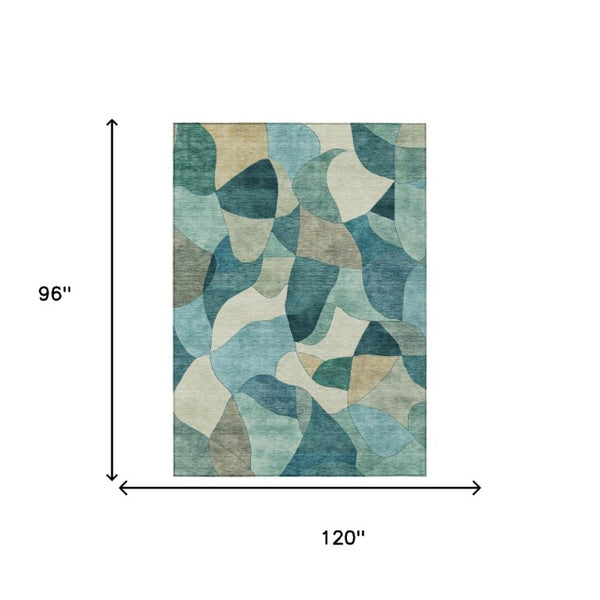 8 X 10 Teal Beige Abstract Polyester Area Rug Stain Resistant for Patio or Living Room
