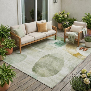 5x8 Green Ivory Geometric Polyester Area Rug Washable for Patio Porch or Living Room