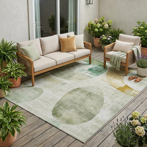 5x8 Green Ivory Geometric Polyester Area Rug Washable for Patio Porch or Living Room