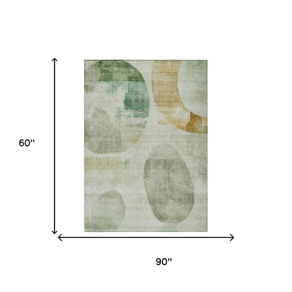 5x8 Green Ivory Geometric Polyester Area Rug Washable for Patio Porch or Living Room
