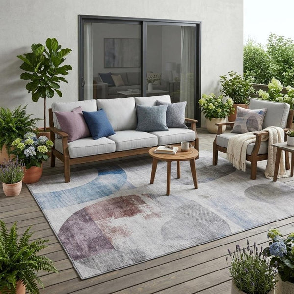 5x8 Blue Silver Geometric Polyester Area Rug Washable for Indoor Outdoor Use
