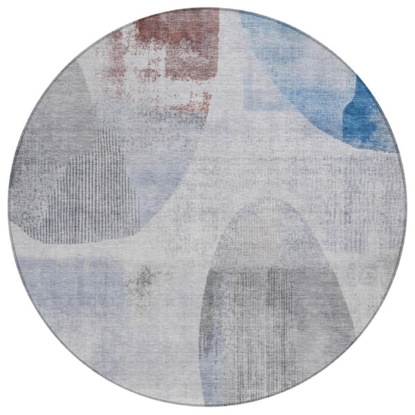 HomeRoots 8 Foot Round Geometric Polyester Area Rug in Blue Silver for Indoor Outdoor Use 742663