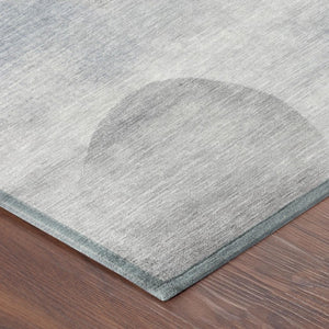 8 Foot Round Geometric Polyester Area Rug in Blue Silver for Indoor Outdoor Use