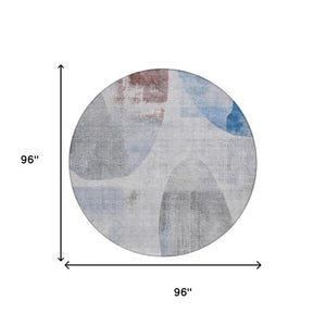 8 Foot Round Geometric Polyester Area Rug in Blue Silver for Indoor Outdoor Use