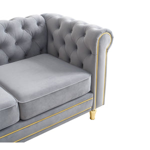 English Elm Chesterfield 84.65" Rolled Arm Velvet Sofa Light Grey with Gold Trim, Deep Tufting & Plush Seats W579P326878