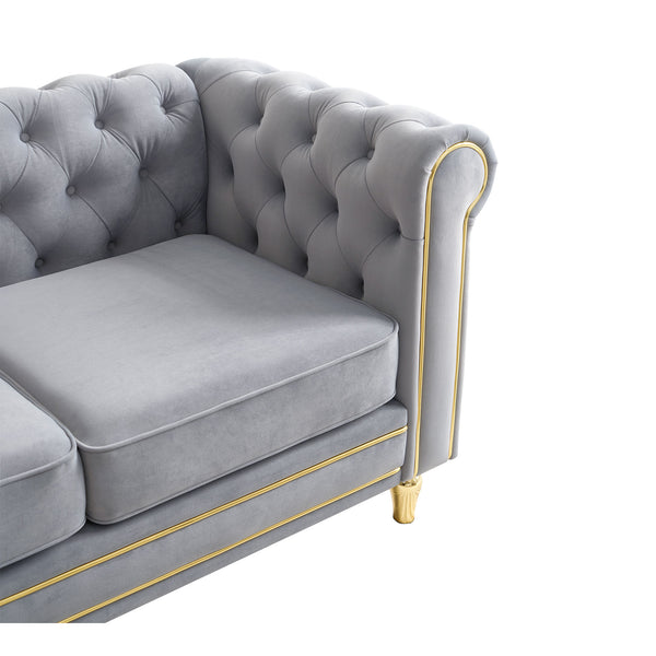 English Elm Chesterfield 84.65" Rolled Arm Velvet Sofa Light Grey with Gold Trim, Deep Tufting & Plush Seats W579P326878