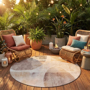 8 Ft Round Geometric Polyester Rug Copper Tones Washable for Patio or Family Room