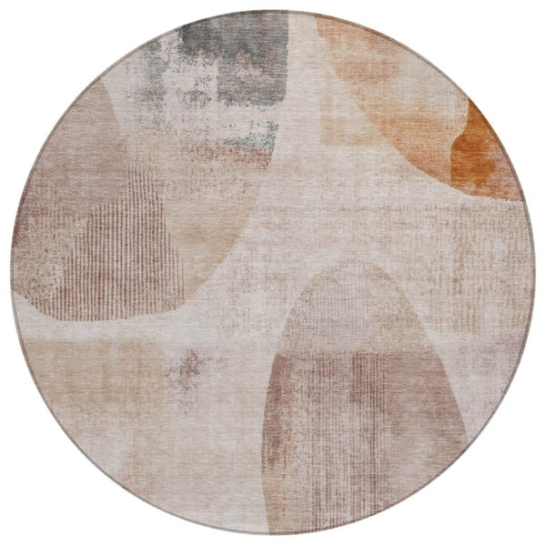 HomeRoots 8 Ft Round Geometric Polyester Rug Copper Tones Washable for Patio or Family Room 742669