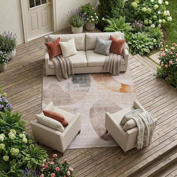 8 Ft X 10 Ft Copper Orange Geometric Polyester Washable Rug for Patio or Living Room