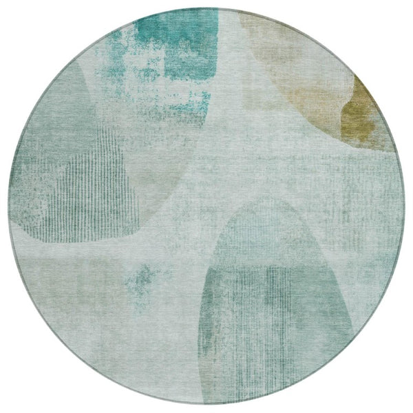 HomeRoots 8 Ft Round Geometric Polyester Area Rug Teal Silver Washable Indoor Outdoor Use 742681