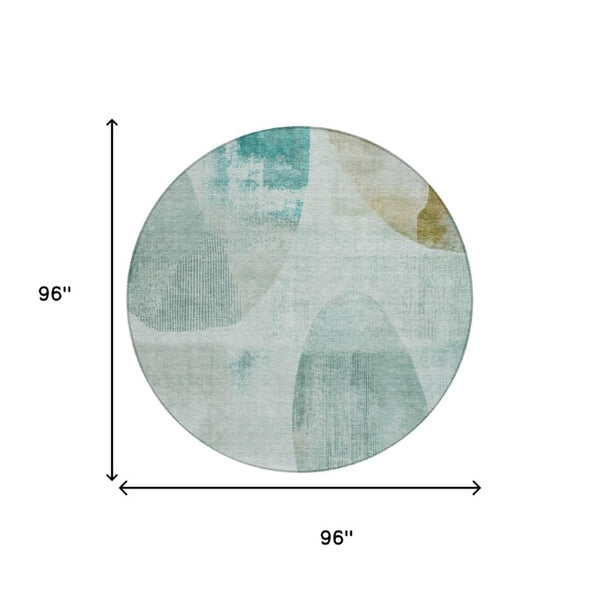 8 Ft Round Geometric Polyester Area Rug Teal Silver Washable Indoor Outdoor Use