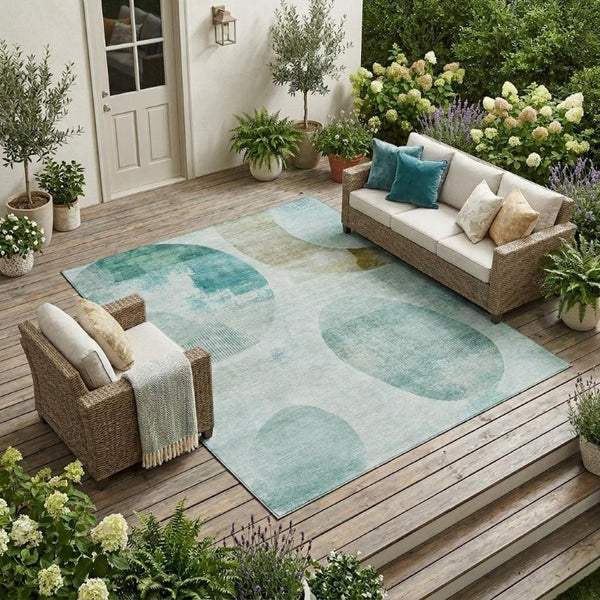 8 X 10 Teal Silver Geometric Polyester Indoor Outdoor Rug Stain Resistant Easy Care
