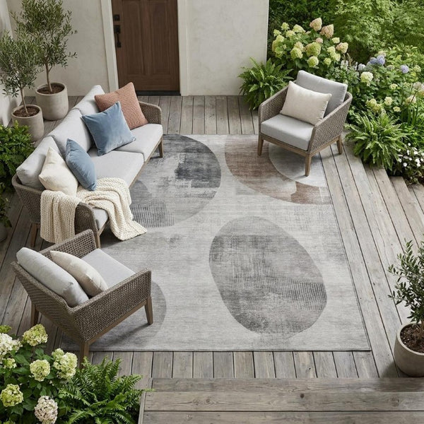 8 Ft X 10 Ft Taupe Brown Geometric Polyester Washable Rug for Patio and Living Room