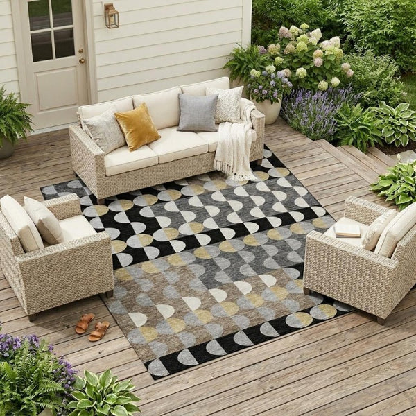 9 X 12 Black Silver Geometric Polyester Area Rug for Indoor Outdoor Spaces