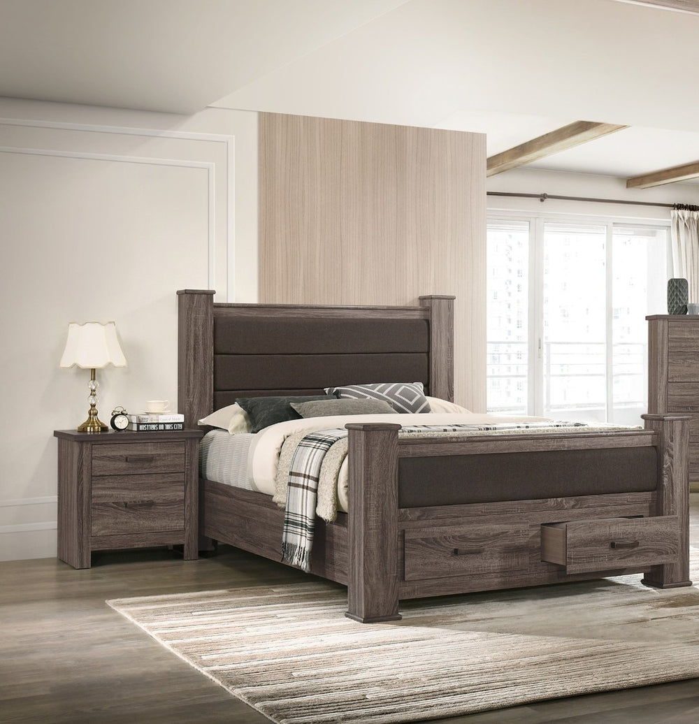 English Elm Modern Eastern King Storage Bed Linen Upholstered Headboard Warm Brown Finish B011S02117