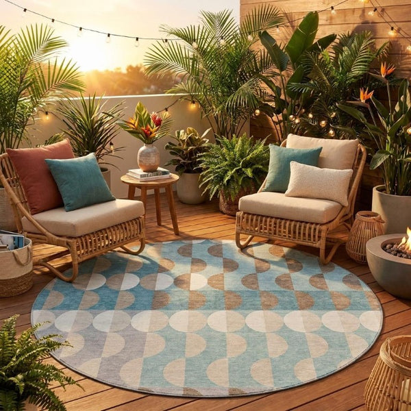 8 Ft Round Geometric Polyester Rug Teal Silver Washable for Patio or Family Room