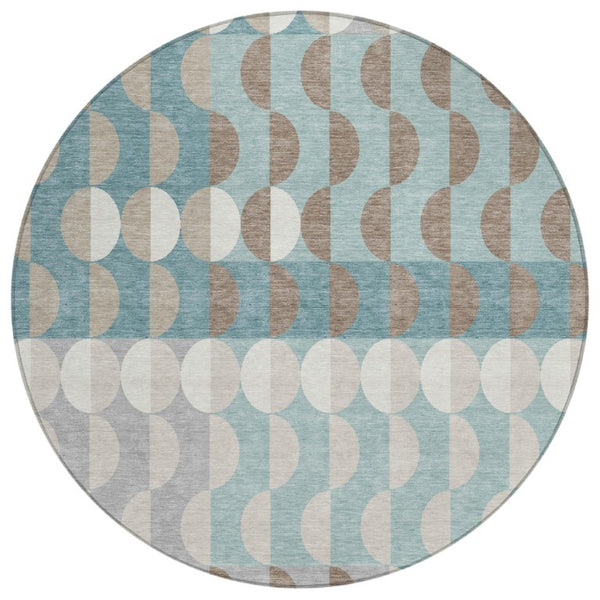 HomeRoots 8 Ft Round Geometric Polyester Rug Teal Silver Washable for Patio or Family Room 742741