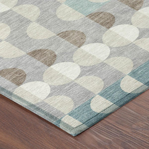 8 Ft Round Geometric Polyester Rug Teal Silver Washable for Patio or Family Room