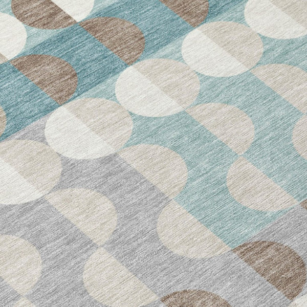 8 Ft Round Geometric Polyester Rug Teal Silver Washable for Patio or Family Room