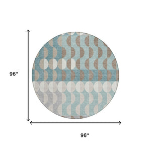 8 Ft Round Geometric Polyester Rug Teal Silver Washable for Patio or Family Room