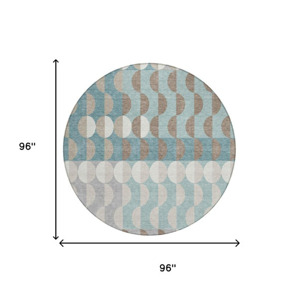 8 Ft Round Geometric Polyester Rug Teal Silver Washable for Patio or Family Room