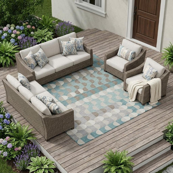 9x12 Teal Silver Geometric Polyester Washable Rug for Patio Porch or Living Room