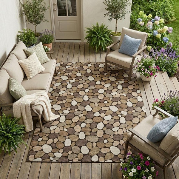 8 Ft X 10 Ft Brown Geometric Polyester Area Rug Washable Stain Resistant Patio
