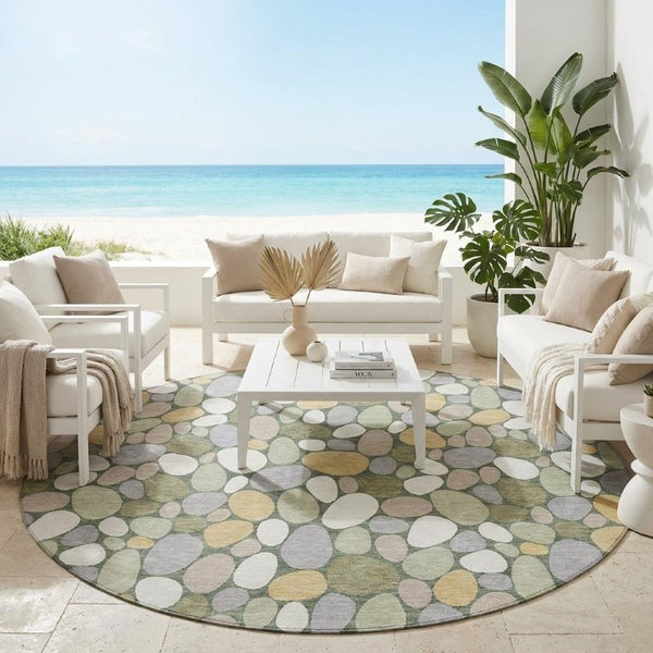 8 Ft Round Geometric Indoor Outdoor Rug Washable Polyester Stain Resistant Green Ivory