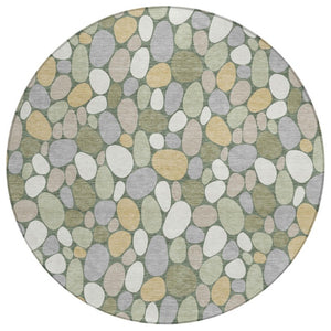 HomeRoots 8 Ft Round Geometric Indoor Outdoor Rug Washable Polyester Stain Resistant Green Ivory 742753