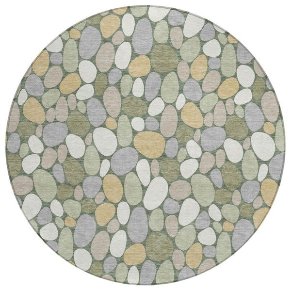 HomeRoots 8 Ft Round Geometric Indoor Outdoor Rug Washable Polyester Stain Resistant Green Ivory 742753