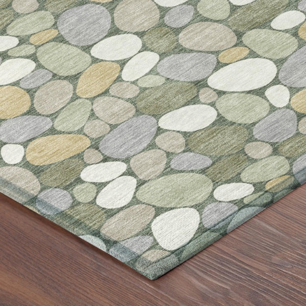 8 Ft Round Geometric Indoor Outdoor Rug Washable Polyester Stain Resistant Green Ivory