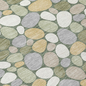 8 Ft Round Geometric Indoor Outdoor Rug Washable Polyester Stain Resistant Green Ivory