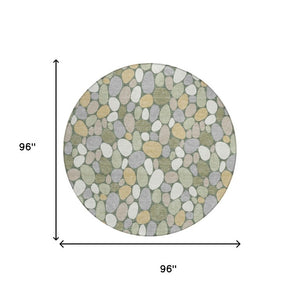 8 Ft Round Geometric Indoor Outdoor Rug Washable Polyester Stain Resistant Green Ivory